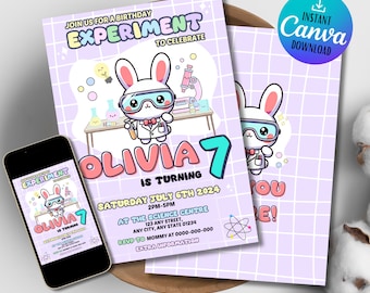 May include: A birthday party invitation with a science theme. The invitation features a cartoon bunny wearing lab goggles and a lab coat. The text reads "Experiment" and "Olivia 7 is turning". The invitation is on a lilac grid background.