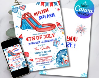 4th of July Waterslide Party Invitation Template: Editable Pool Party Invite (Printable)