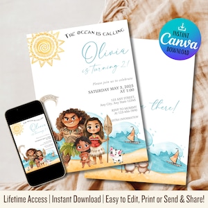 Convite Moana | Convite Digital Editável de Aniversário | Modelo de Festa Infantil Havaiana | Convite para Download Instantâneo