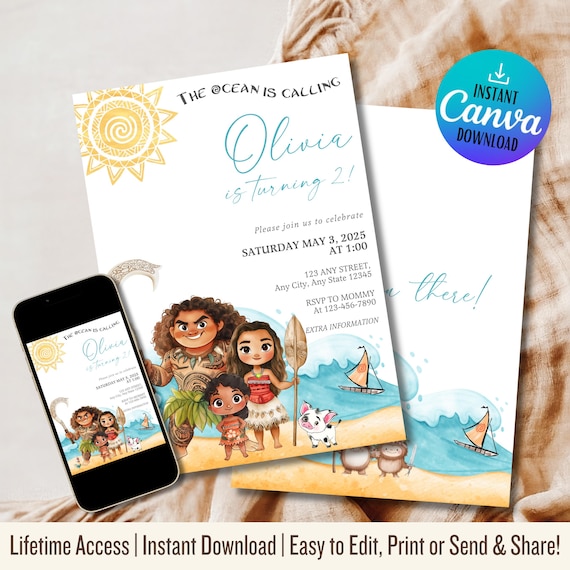 Moana Invitation | Editable Digital Birthday Invite | Hawaiian Kids Party Template | Instant Download Invitation