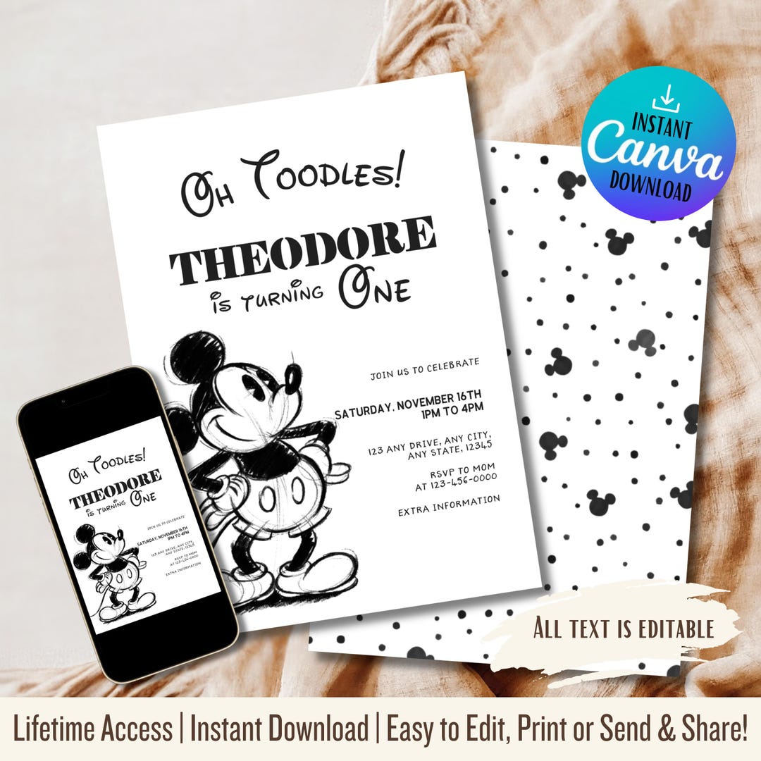 Vintage Mickey Mouse Birthday Invitation, Editable Template (digital ...