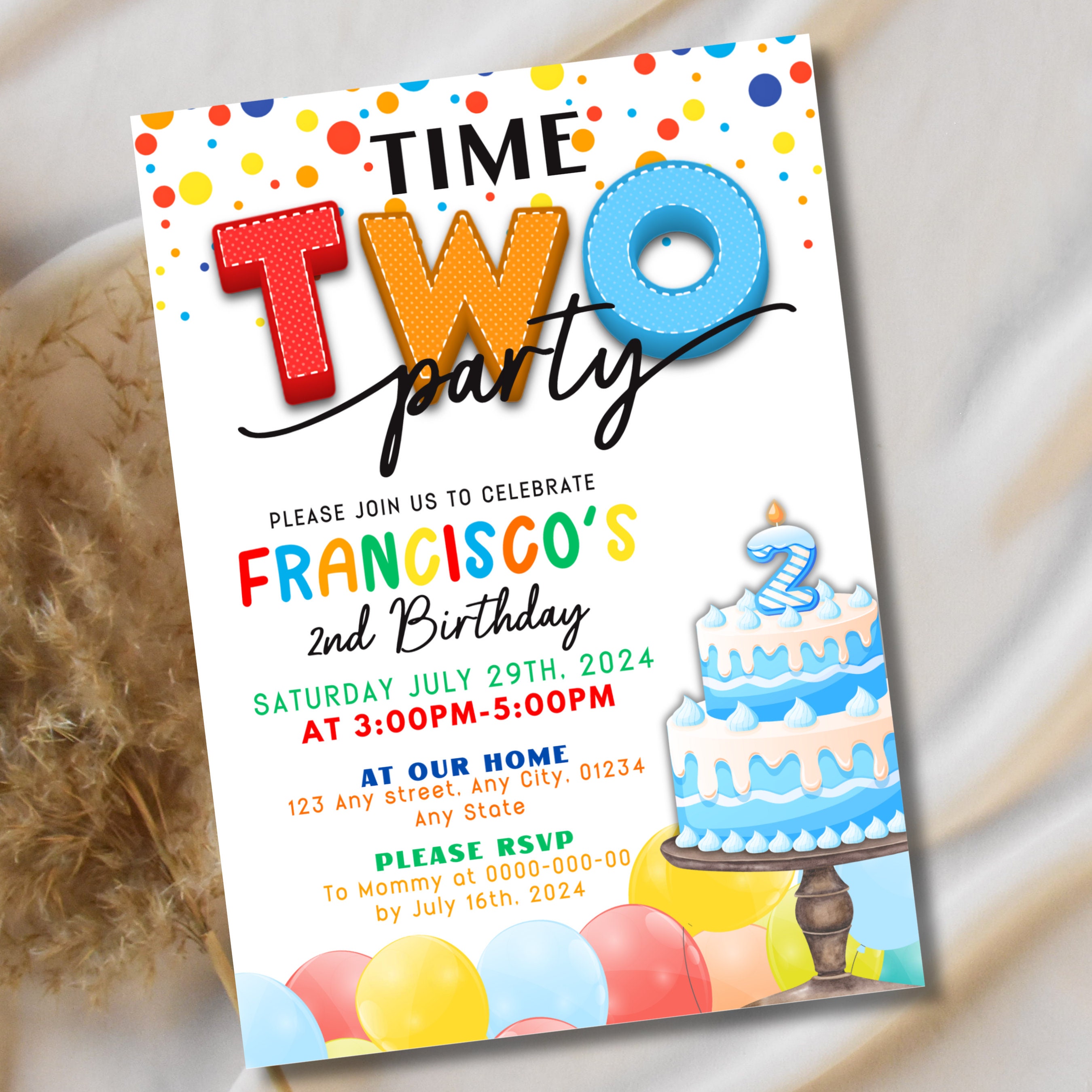 Boys 2nd Birthday Invitation: Colorful Party Invite (printable Instant ...
