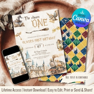 May include: A birthday invitation with a fantasy theme. The invitation features a castle, train, and magical elements like a broom, owl, and glasses. The text reads "The chosen ONE" and "Oliver's First Birthday". A smartphone displays the invitation.