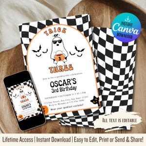 May include: Halloween-themed birthday invitation with a black and white checkered pattern. The invitation features a ghost wearing sunglasses and holding a pumpkin. The text reads "Trick or Three" and "Oscar's 3rd Birthday".