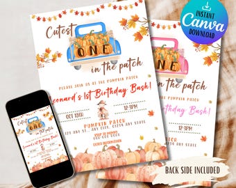 May include: Editable invitation for a first birthday party with a fall theme. The invitation features a blue truck with pumpkins and the text "Cutest One in the Patch" and "Leonard's 1st Birthday Bash!"