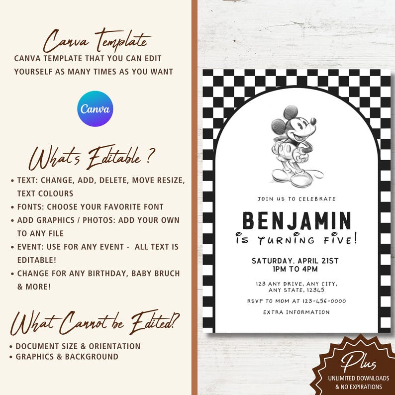 Vintage Mickey Mouse Birthday Invitation, Editable Template (digital ...