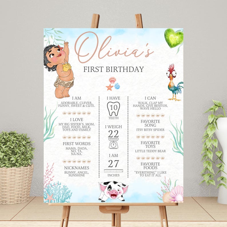 May include: A birthday milestone sign for Olivia featuring a cartoon baby, a rooster, and a piglet. The text includes Olivia's First Birthday, I am adorable, I have 10 teeth, I weigh 22 pounds, and I am 27 inches, with ocean-themed illustrations.
