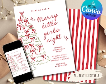 Merry Little Girls Night Invitation, Editable Christmas Party Invite, Fun Friendsmas Pajama Party Template