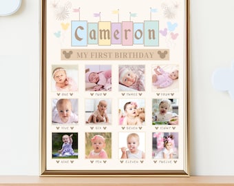 Disneyland Milestone Board | One Year Photo Collage | Happiest Birthday Mickey & Minnie | Vintage Mickey Party Sign