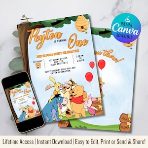 Winnie de Poeh-uitnodiging | Klassieke Pooh-uitnodiging | Uitnodiging voor verjaardagsfeestje meisje | Winnie de Poeh-evite | Neutrale Winnie Pooh wordt één