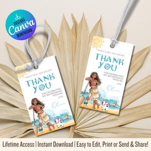 Etichette di ringraziamento Moana / Etichette regalo modificabili / Bomboniere per feste di compleanno Moana / Download digitale per feste per bambini