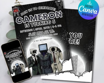 TV Man Birthday Invitation: Roblox Gamer Party Theme (Editable Template)