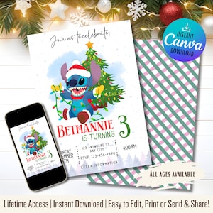 Modello di invito di Natale Stitch / Invito digitale Stitch / Natale Lilo e Stitch / Inviti per feste di compleanno stampabili / Qualsiasi età