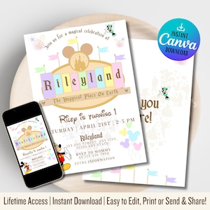 Disneyland Birthday Invitation | Disneyland Birthday Invitation | Happiest Birthday On Earth Invitation | Mickey Birthday | Muted Rainbow
