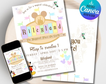 Disneyland Birthday Invitation | Disneyland Birthday Invitation | Happiest Birthday On Earth Invitation | Mickey Birthday | Muted Rainbow