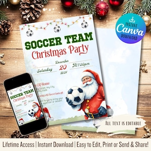 Convite para festa de Natal de time de futebol editável | Convite para festa de futebol | Buffalo Plaid | Download instantâneo | Cartão de Natal esportivo