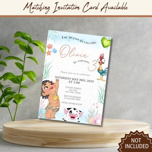 May include: A rectangular birthday invitation card featuring a light blue ocean theme with illustrations of a toddler, a pig, and a rooster. The text reads: The ocean is calling, Olivia is turning 3, Saturday May 3rd, 2025 at 1:00, and includes placeholder address and RSVP details.