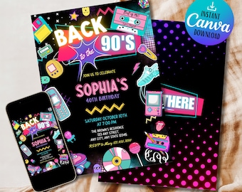 90s Birthday Invitation, Back to the 90s Editable Template, Retro Digital Invite for Nostalgic Parties