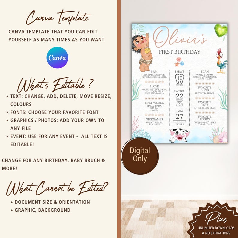 May include: A digital Canva template for a first birthday milestone poster featuring a cartoon girl, a rooster, and a piglet. The text includes Olivia's First Birthday, milestones like teeth, weight, and height in inches, and decorative sea elements.