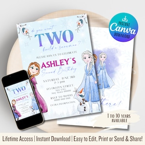 May include: A blue and purple invitation card with a watercolor illustration of two girls from the movie Frozen. The text on the card reads "Do you want to build a snowman? Please join us to celebrate Ashley's Second Birthday. Saturday, June 3rd, 2-5 pm, 123 Frozen Street, Any City, Any State 00000, RSVP to Mommy 0000-000-000, Extra Information."