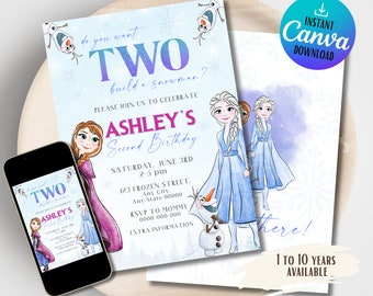 May include: A blue and purple invitation card with a watercolor illustration of two girls from the movie Frozen. The text on the card reads "Do you want to build a snowman? Please join us to celebrate Ashley's Second Birthday. Saturday, June 3rd, 2-5 pm, 123 Frozen Street, Any City, Any State 00000, RSVP to Mommy 0000-000-000, Extra Information."