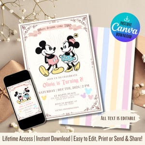 Invitación de cumpleaños de Mickey y Minnie / Descarga digital imprimible / Invitación personalizable para fiesta infantil / Invitación editable de Mickey y Minnie