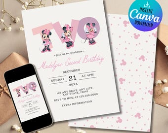 May include: A birthday invitation featuring the word "TWO" in pink with Minnie Mouse illustrations. The invitation includes the text "Madelyn's Second Birthday," date, time, and RSVP information. A smartphone displays the invitation design. A matching patterned card is also shown.