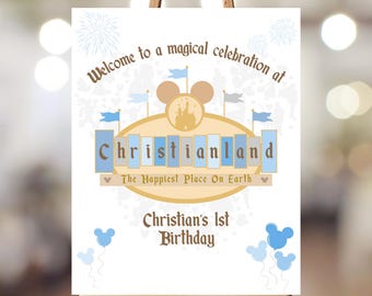 Disneyland 1e verjaardag welkomstbord: aangepaste Mickey-banner (digitaal bestand)