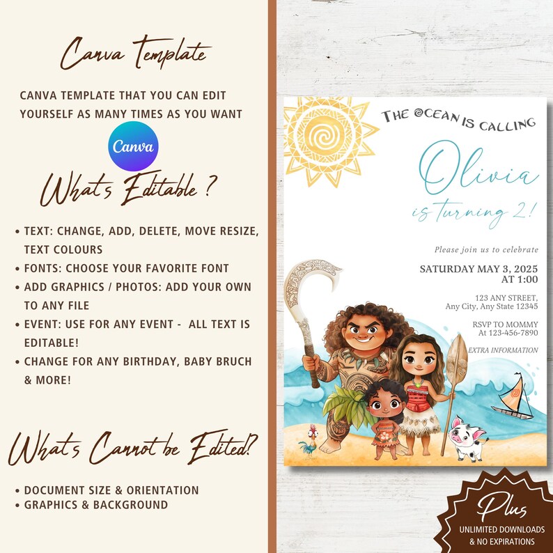 Moana Invitation | Editable Digital Birthday Invite | Hawaiian Kids Party Template | Instant Download Invitation image 6