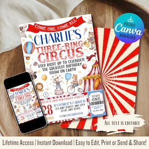 Invitación de cumpleaños de carnaval: Fiesta de circo (Plantilla editable, PDF personalizado)