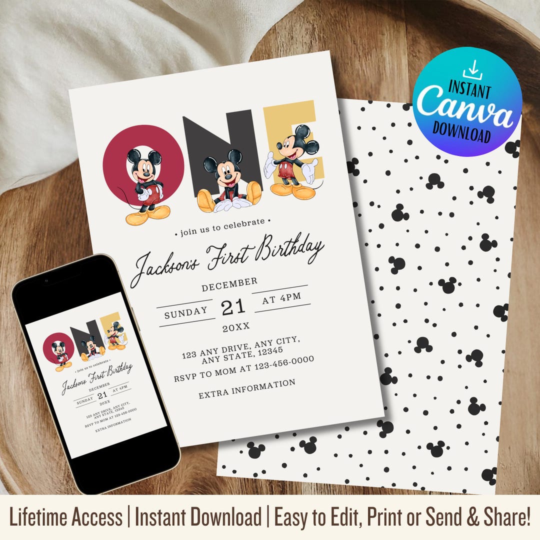 Mickey Mouse First Birthday Invitation, Editable Digital Invite, Cute ...