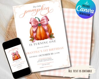 Pumpkin First Birthday Invitation Template: Pink Bow, Fall Theme (Digital Download)