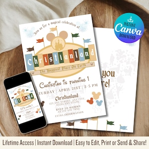 Disneyland Birthday Invitation | Disneyland Birthday Invitation | Happiest Birthday On Earth Invitation | Mickey Birthday | Muted Rainbow