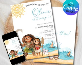 Moana Invitation | Editable Digital Birthday Invite | Hawaiian Kids Party Template | Instant Download Invitation