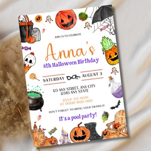 May include: A Halloween-themed birthday party invitation with a purple and orange color scheme. The invitation features a cartoon pumpkin, a witch's cauldron, and a pineapple with a face. The text on the invitation reads "Anna's 8th Halloween Birthday" and "It's a pool party!"