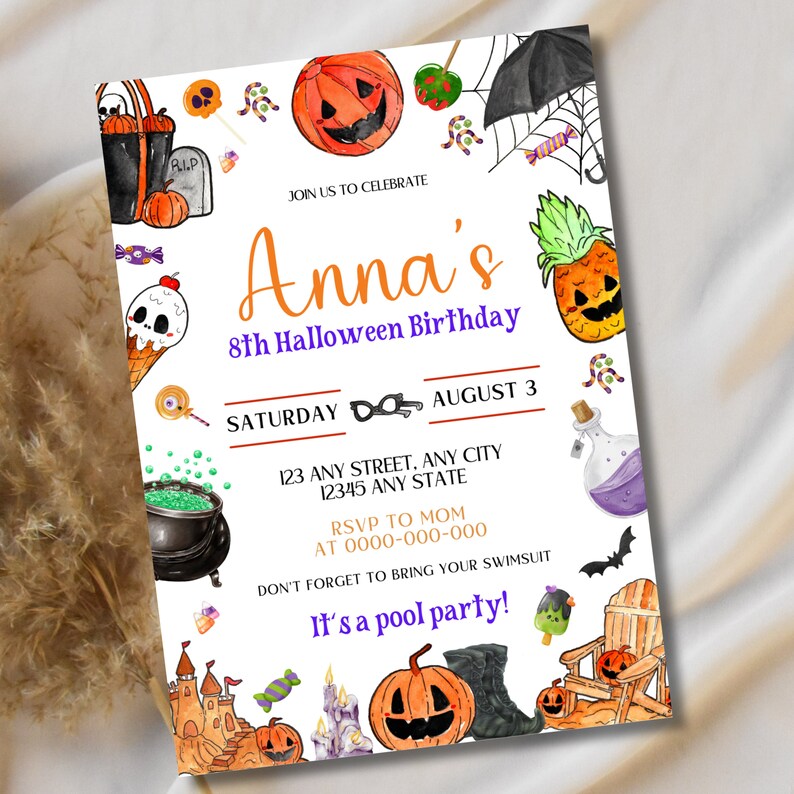 May include: A Halloween-themed birthday party invitation with a purple and orange color scheme. The invitation features a cartoon pumpkin, a witch's cauldron, and a pineapple with a face. The text on the invitation reads "Anna's 8th Halloween Birthday" and "It's a pool party!"