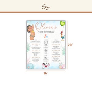 May include: A rectangular birthday milestone poster measuring 16 inches by 20 inches. The white background features watercolour illustrations of a baby, a rooster, and a pig. Text includes Olivia's First Birthday, milestones, and favourite things.
