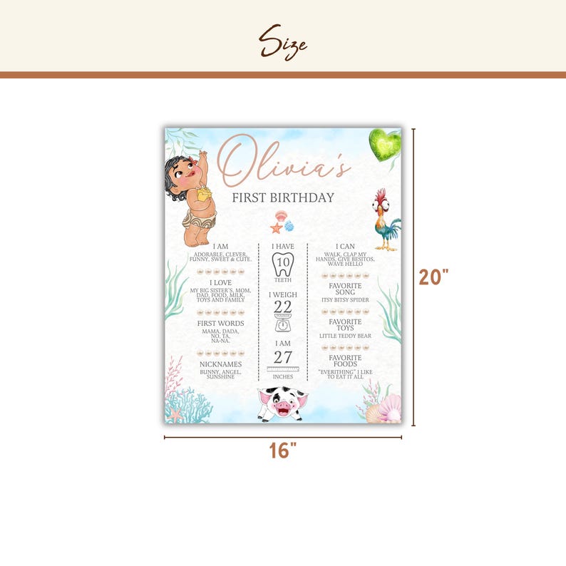 May include: A rectangular birthday milestone poster measuring 16 inches by 20 inches. The white background features watercolour illustrations of a baby, a rooster, and a pig. Text includes Olivia's First Birthday, milestones, and favourite things.