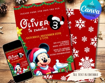 Pode incluir: Um convite de aniversário de Natal vermelho e branco com um desenho animado do Mickey Mouse usando um chapéu de Papai Noel e segurando um presente. O convite diz "Oliver está fazendo 3 anos" e inclui a data e hora da festa. O texto "Todo o texto é editável" está na parte inferior do convite.