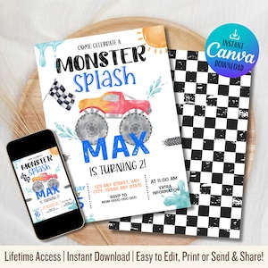 Può includere: Un invito stampabile per una festa di compleanno a tema monster truck. L'invito presenta un camioncino monster dei cartoni animati con fiamme e una bandiera a scacchi. Il testo sull'invito recita "Vieni a festeggiare un Monster Splash Max compie 2 anni!"