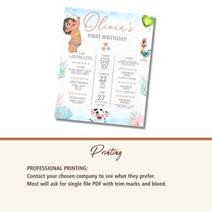May include: A rectangular birthday milestone sign for Olivia's first birthday featuring watercolour illustrations of a baby, a rooster, and a piglet. The text includes personal details like 10 teeth, 22 pounds, and 27 inches, alongside coral and sea-themed graphics on a light blue and white background.
