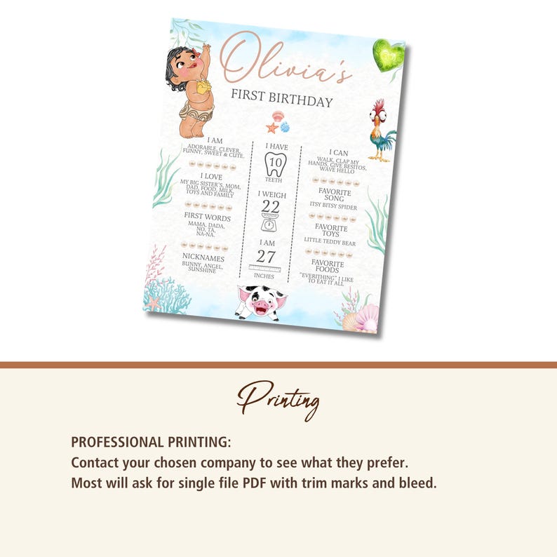 May include: A rectangular birthday milestone sign for Olivia's first birthday featuring watercolour illustrations of a baby, a rooster, and a piglet. The text includes personal details like 10 teeth, 22 pounds, and 27 inches, alongside coral and sea-themed graphics on a light blue and white background.
