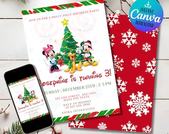 Pode incluir: Um convite de aniversário de tema natalino imprimível com Mickey Mouse, Minnie Mouse e Pluto decorando uma árvore de Natal. O convite é vermelho e verde com flocos de neve brancos no fundo. O texto no convite diz: "Junte-se a nós para uma festa de aniversário alegre e festiva Josephine está completando 3 anos! Sábado | 25 de dezembro | 14h-17h 123 Any Street, Any City, 01234 Any State RSVP para Mamãe no 123-456-7890 Informações adicionais".