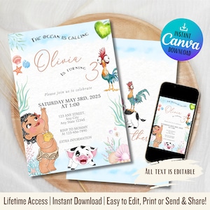 Invitación de cumpleaños de Moana bebé / Invitación hawaiana digital editable / Plantilla para fiesta infantil / Descarga instantánea / Tema hawaiano