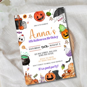 May include: Halloween pool party invitation with a white background and colorful illustrations of pumpkins, candy, and other Halloween decorations. The text reads "Join us to celebrate Anna's 8th Halloween Birthday, Saturday, August 3, 123 Any Street, Any City, 12345 Any State, RSVP to Mom at 0000-000-000, Don't forget to bring your swimsuit, It's a pool party!"
