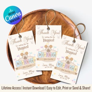 Lugar Mais Feliz do Mundo | Etiqueta de Agradecimento de Aniversário da Disneylândia | Aniversário da Minnie | Etiqueta de Agradecimento de Aniversário da Disneylândia | Decoração de Festa de Aniversário