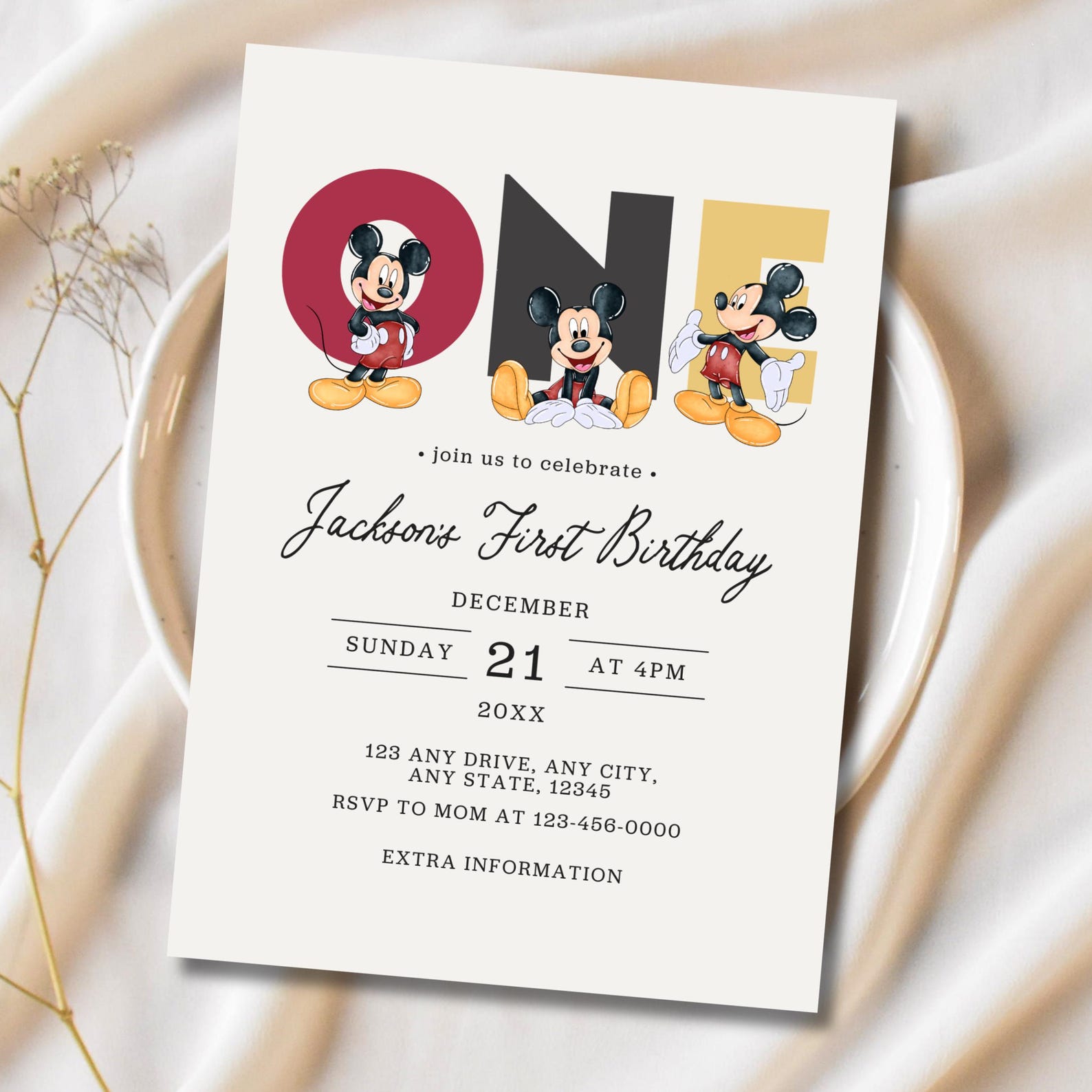 Mickey Mouse First Birthday Invitation, Editable Digital Invite, Cute ...