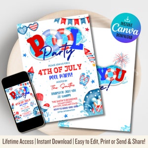 Instant Download | Editable 4Th Of July Pool Party Birthday Invitation | July Fourth Swimming Party Invite | Independence Day