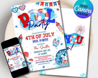 Editable 4th of July Pool Party Invitation (Instant Download)