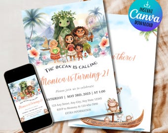 Convite de Aniversário da Moana: Modelo Editável para Festa Infantil (Download Digital do Canva)